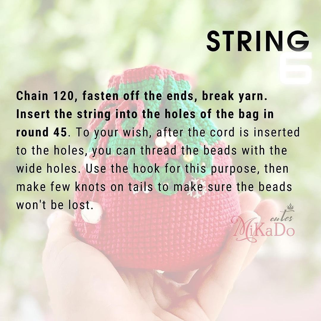 Strawberry drawstring bag and bow crochet pattern