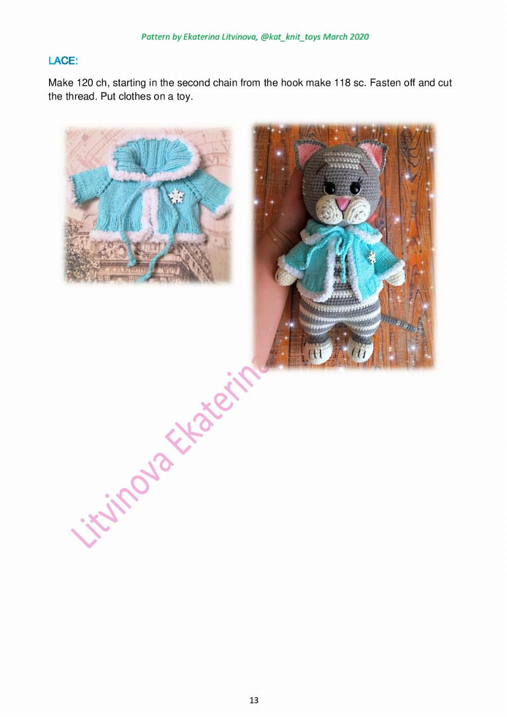 striped cat crochet pattern ,wearing a blue jacket