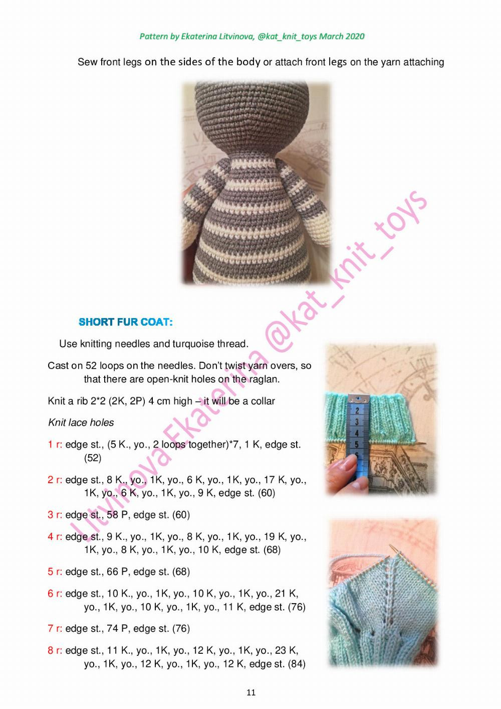 striped cat crochet pattern ,wearing a blue jacket