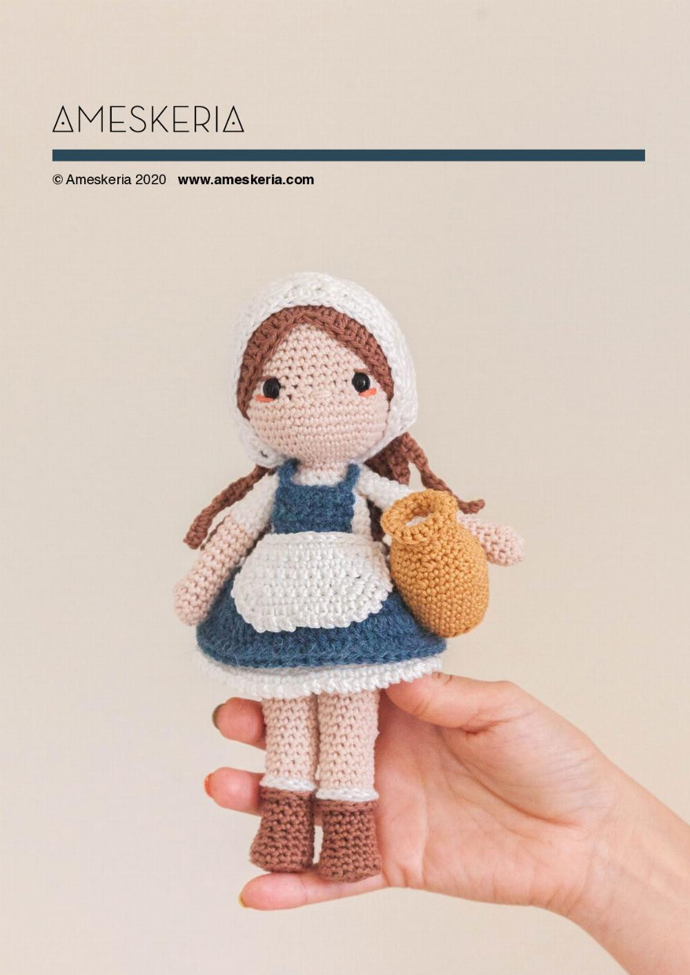 The Milkmaid, crochet pattern for a little girl doll wearing an apron