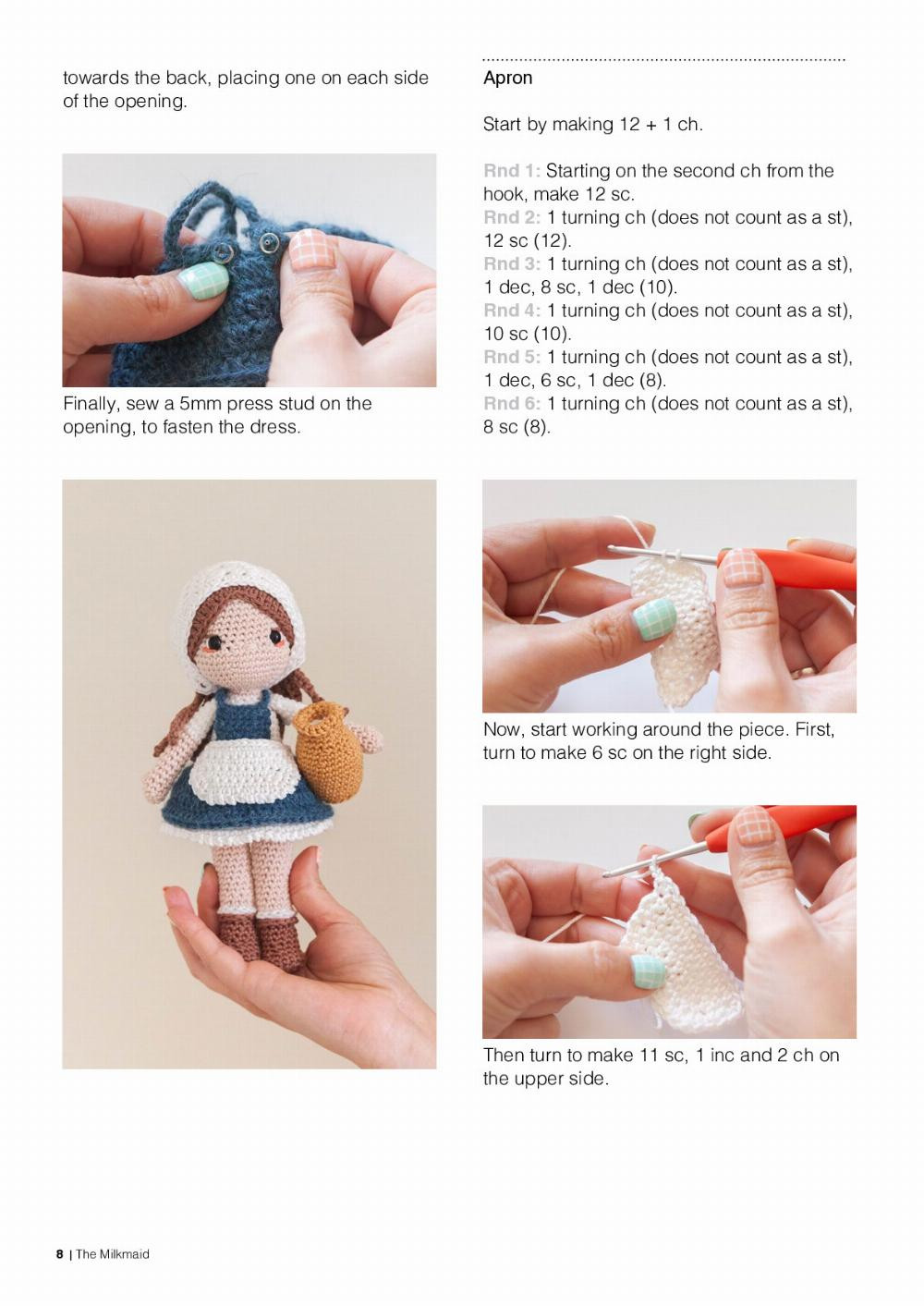 The Milkmaid, crochet pattern for a little girl doll wearing an apron