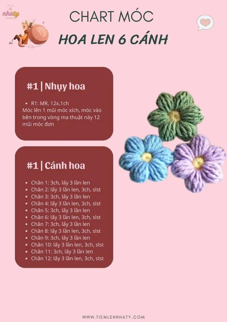 Tổng hợp 6 chart móc len. Hoa chuông, hoa len 6 cánh, cẩm chương len, hoa lavender, hoa tuilip, hoa hướng dương,