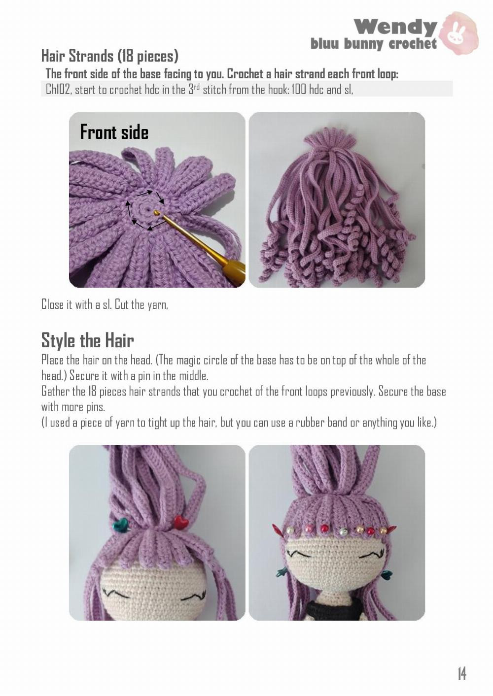 Witch crochet pattern wearing hat and black dress, purple hair,