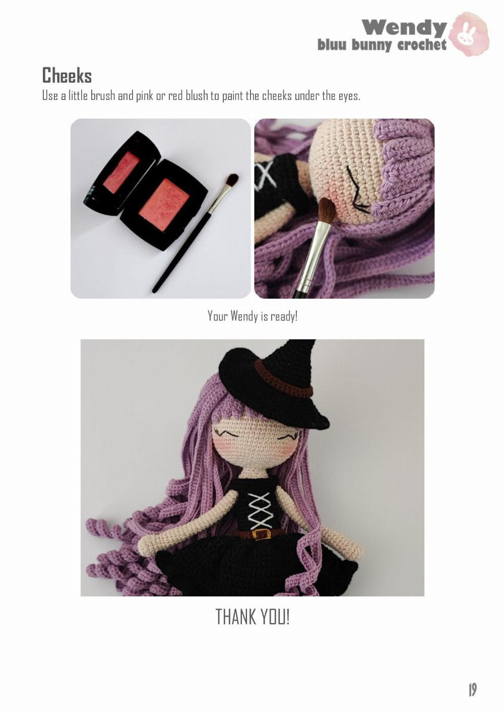 Witch crochet pattern wearing hat and black dress, purple hair,