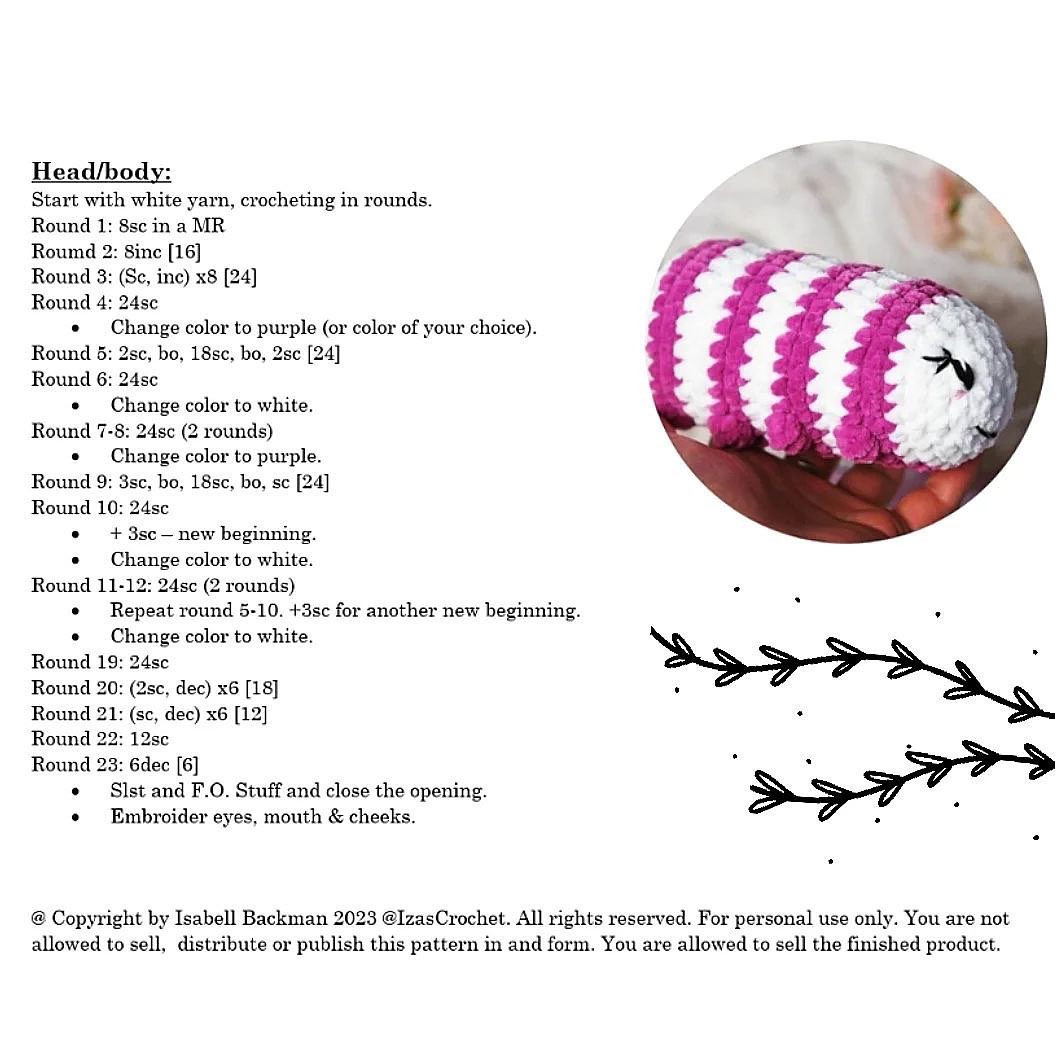 Worm crochet pattern with purple and white circles