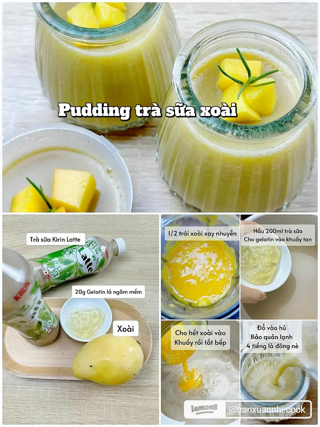 4 công thức pudding từ nước đóng chai: pudding trà sữa xoài, pudding matcha đậu đỏ, pudding trà sữa trân châu đường đen, pudding trà sữa khoai môn.