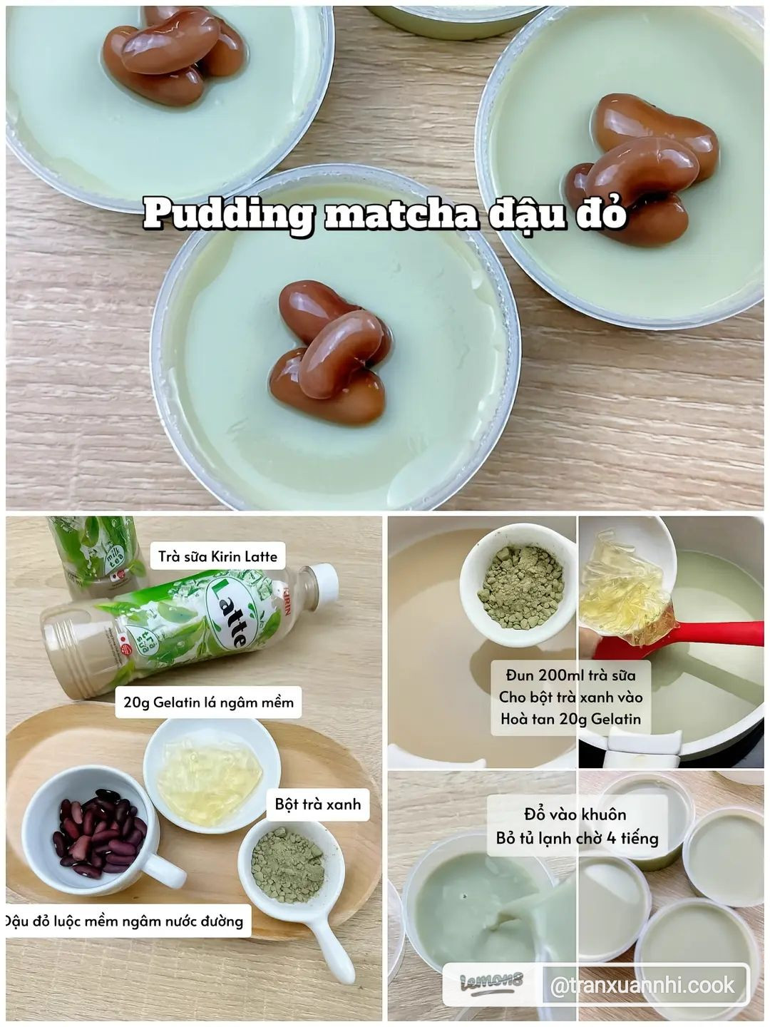 4 công thức pudding từ nước đóng chai: pudding trà sữa xoài, pudding matcha đậu đỏ, pudding trà sữa trân châu đường đen, pudding trà sữa khoai môn.