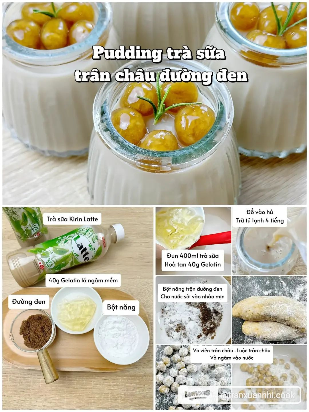 4 công thức pudding từ nước đóng chai: pudding trà sữa xoài, pudding matcha đậu đỏ, pudding trà sữa trân châu đường đen, pudding trà sữa khoai môn.