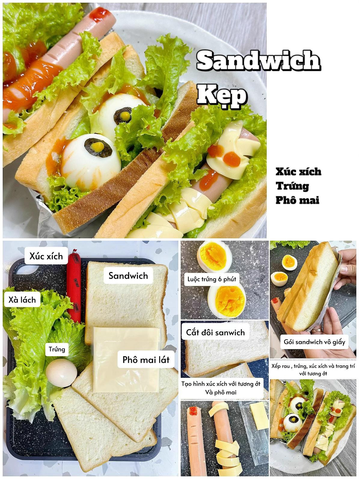 4 công thức tiệc halloween dễ làm siêu ngon: sandwich kẹp xúc xích trứng phô mai. salad sọ dừa, xúc xích băng bó, sandwich băng bó.