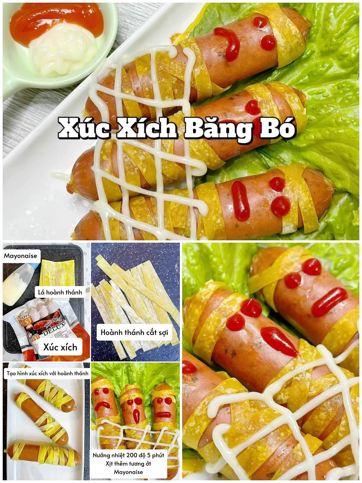 4 công thức tiệc halloween dễ làm siêu ngon: sandwich kẹp xúc xích trứng phô mai. salad sọ dừa, xúc xích băng bó, sandwich băng bó.