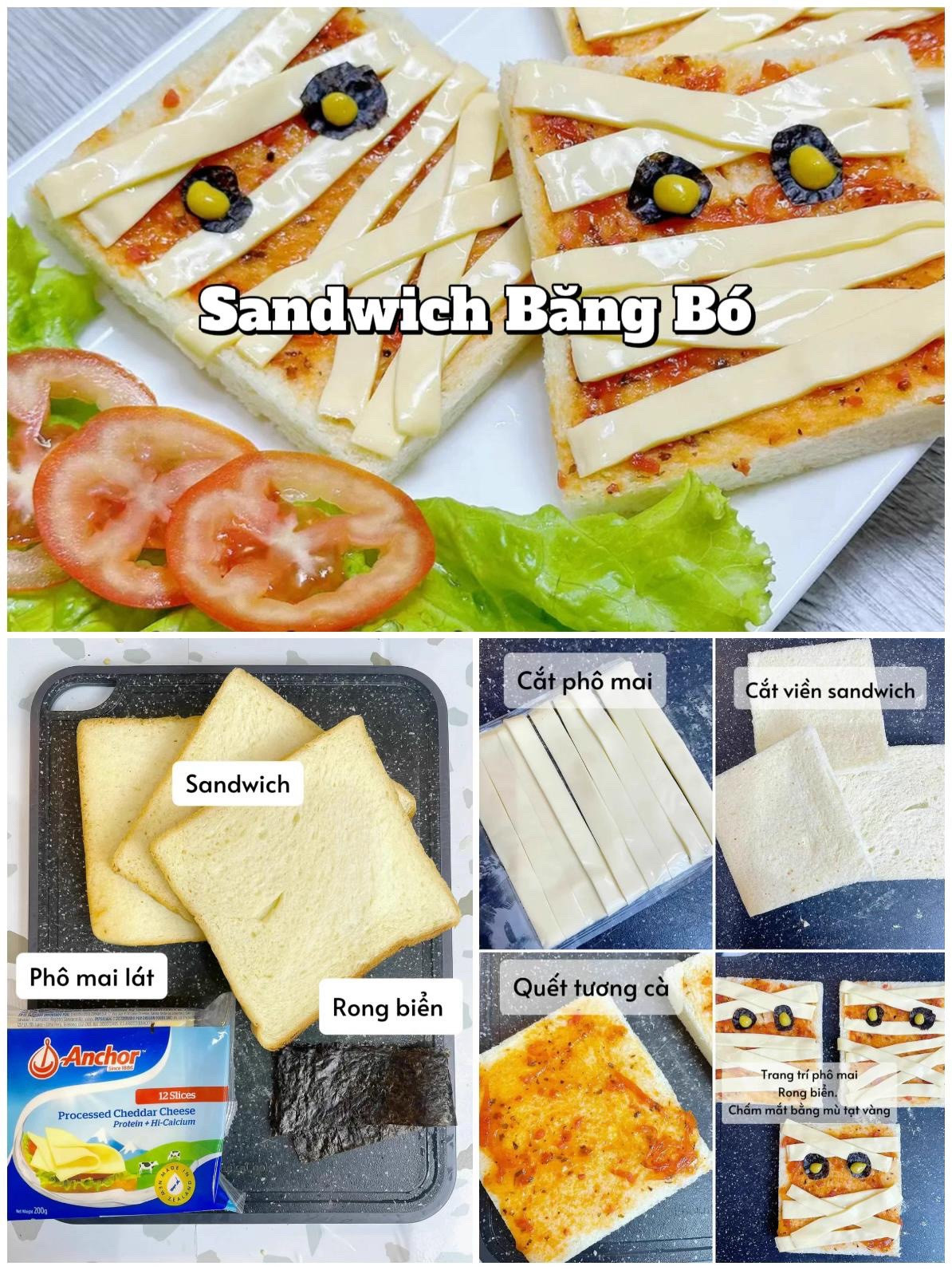 4 công thức tiệc halloween dễ làm siêu ngon: sandwich kẹp xúc xích trứng phô mai. salad sọ dừa, xúc xích băng bó, sandwich băng bó.