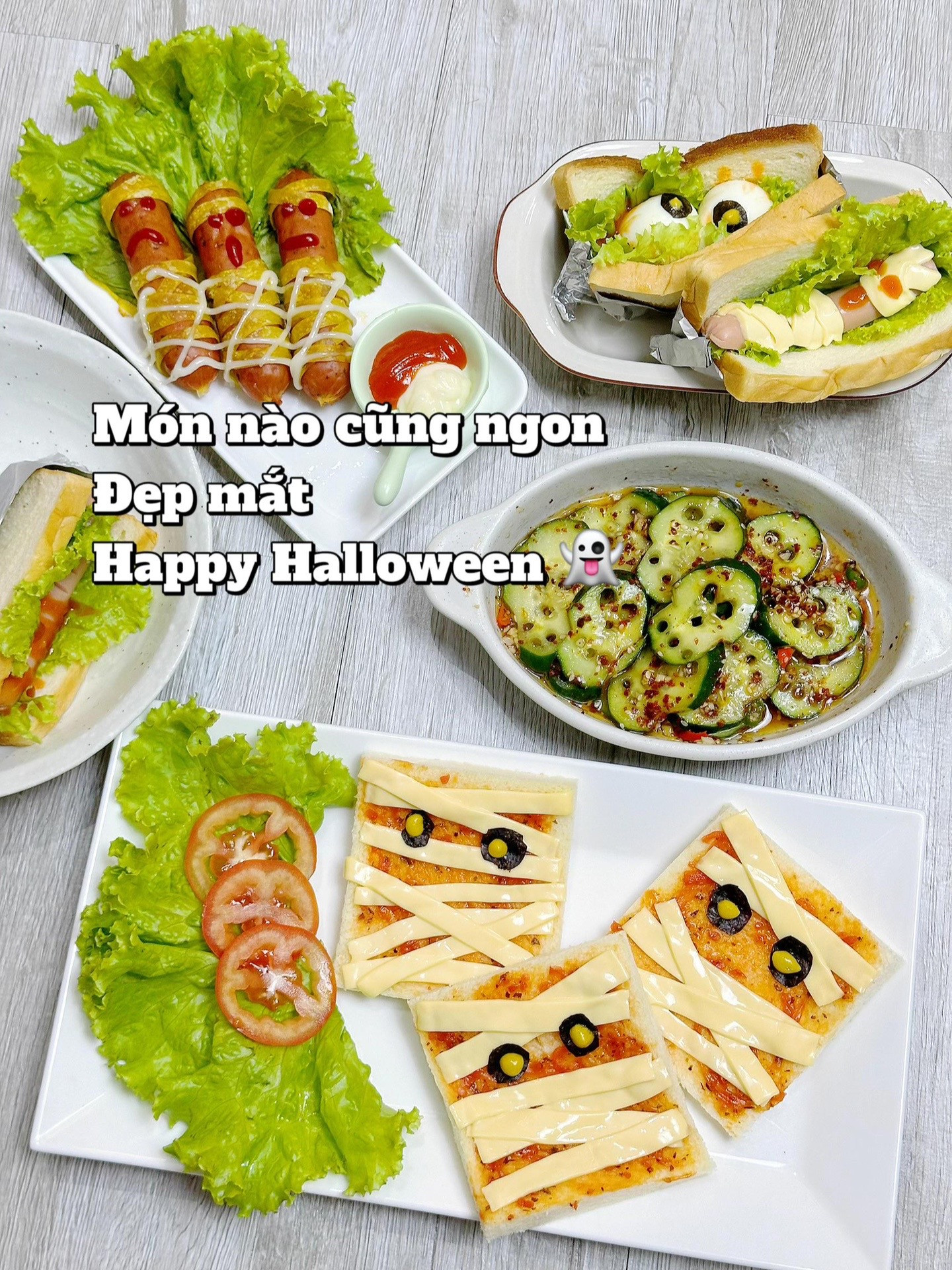 4 công thức tiệc halloween dễ làm siêu ngon: sandwich kẹp xúc xích trứng phô mai. salad sọ dừa, xúc xích băng bó, sandwich băng bó.