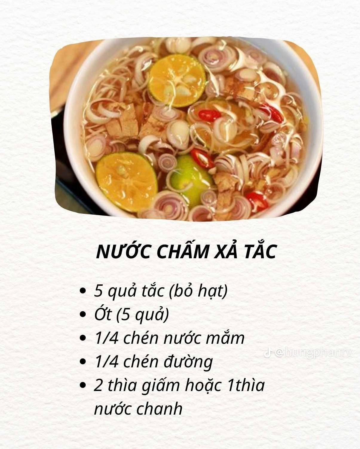 6 công thức chấm ngon mê ly: Muối ớt xanh chấm hải sản, Nước chấm chua ngọt, Sốt chấm thịt gà, Nước chấm xả tắc, xì dầu chấm vịt ngan, mắm tôm chấm bún đậu