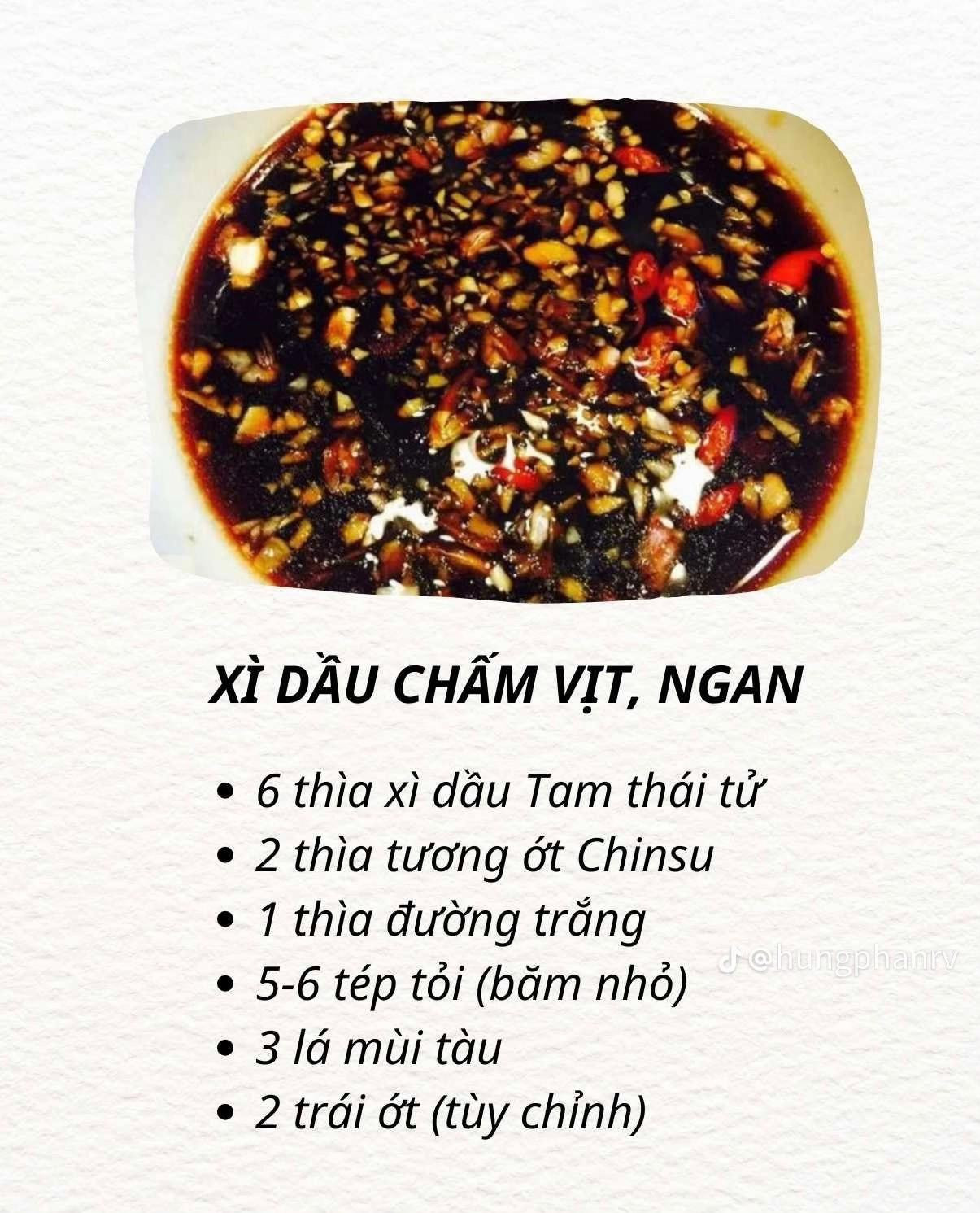 6 công thức chấm ngon mê ly: Muối ớt xanh chấm hải sản, Nước chấm chua ngọt, Sốt chấm thịt gà, Nước chấm xả tắc, xì dầu chấm vịt ngan, mắm tôm chấm bún đậu