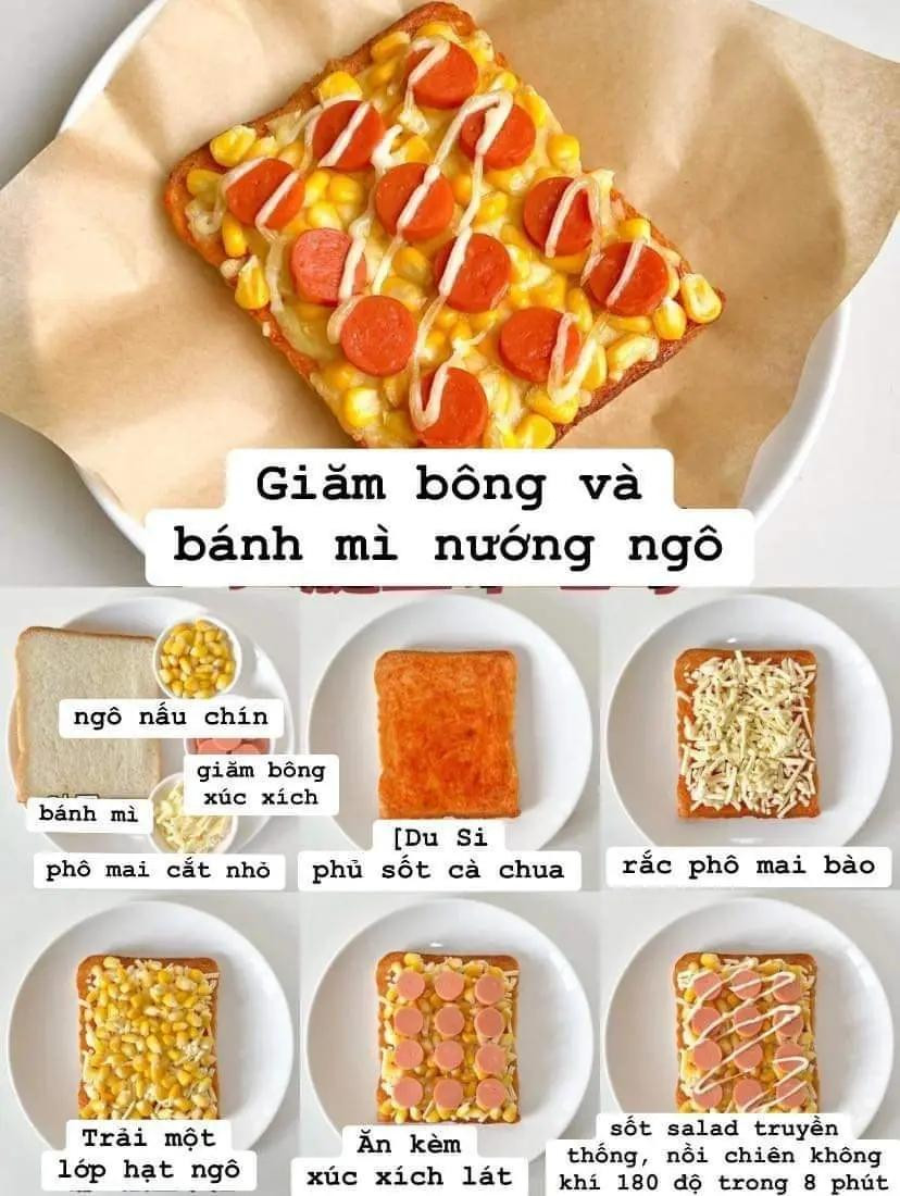 6 công thức với bánh mì salad: bánh mì nướng chuối vừng, bánh mì ngô phô mai, bánh mì nướng pizza chay, bánh mì nướng phô mai tỏi, giăm bông bánh mì nướng ngô. bánh mì nướng trứng thịt xông khói.