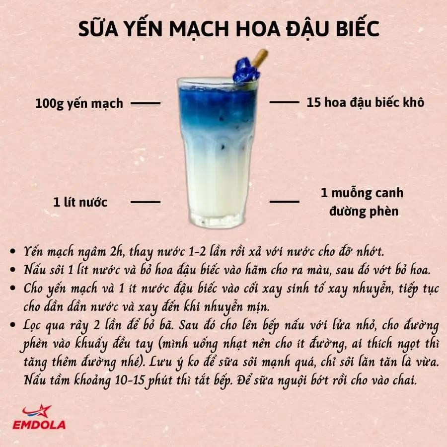 6 công thức với yến mạch. Sữa yến mạch bí đỏ hạt sen, sữa yến mạch chuối, trà sữa yến mạch, sữa yến mạch trà xanh, sữa yến mạch hoa đậu biếc. sữa yến mạch chocolate