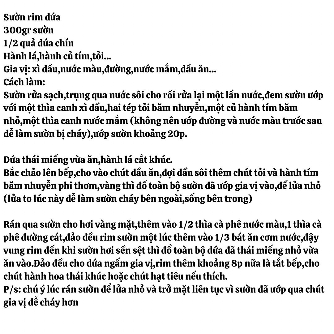 7 công thức nấu ăn: sườn rim rứa, sườn kho, canh chua, thịt heo chiên xù, nộm rau muống, bò hầm,