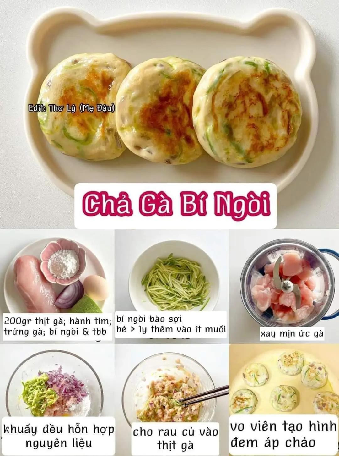 9 cách làm món chả thơm ngon: Chả tôm rong biển, chả gà rau củ, chả gà bí ngòi, bánh khoai tây chiên trứng, chả nấm ức gà, bánh khoai tây rau củ, chả bò ngô ngọt, chả heo rau củ, bánh khoai lang nước.