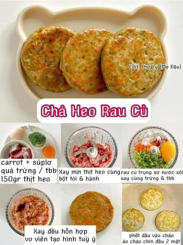 9 cách làm món chả thơm ngon: Chả tôm rong biển, chả gà rau củ, chả gà bí ngòi, bánh khoai tây chiên trứng, chả nấm ức gà, bánh khoai tây rau củ, chả bò ngô ngọt, chả heo rau củ, bánh khoai lang nước.