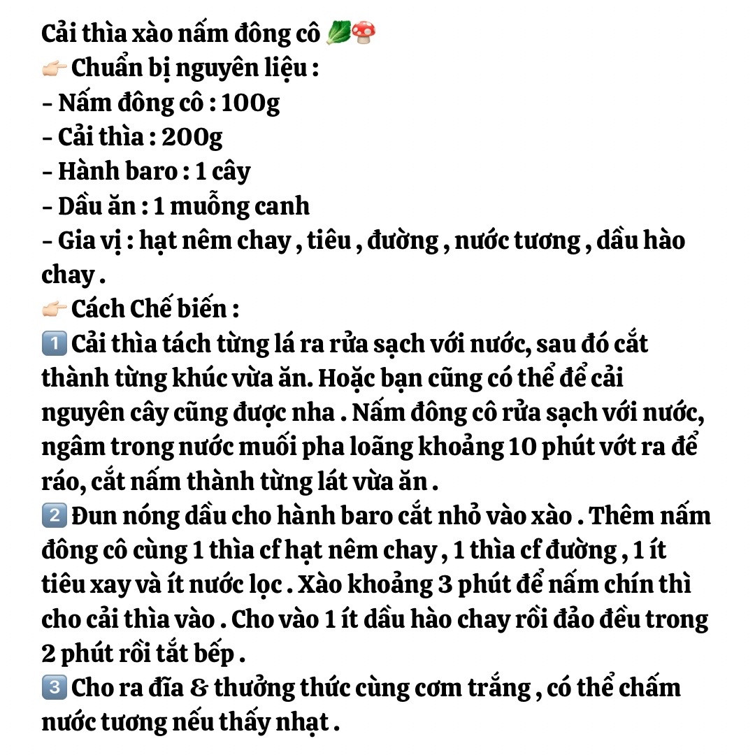 9 công thức đồ chay nhưng ngon và bắt mắt, cải thìa xào nấm, đậu hũ xào nấm, cơm chiên rau củ, chả giò chay, đậu hũ xào cải, đậu sốt cà chua, miến xào bắp cải, nấm xào cải bó xôi, mì spagetti chay