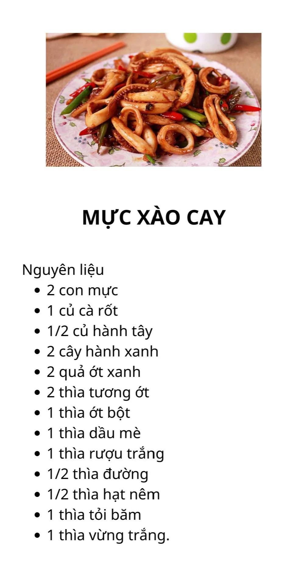 công thức 5 món xào thơm ngon cho bữa cơm hằng ngày: mực xào cay, măng xào thịt, bò xào cần tỏi, ếch xào sả ớt, gà xào sả ớt,