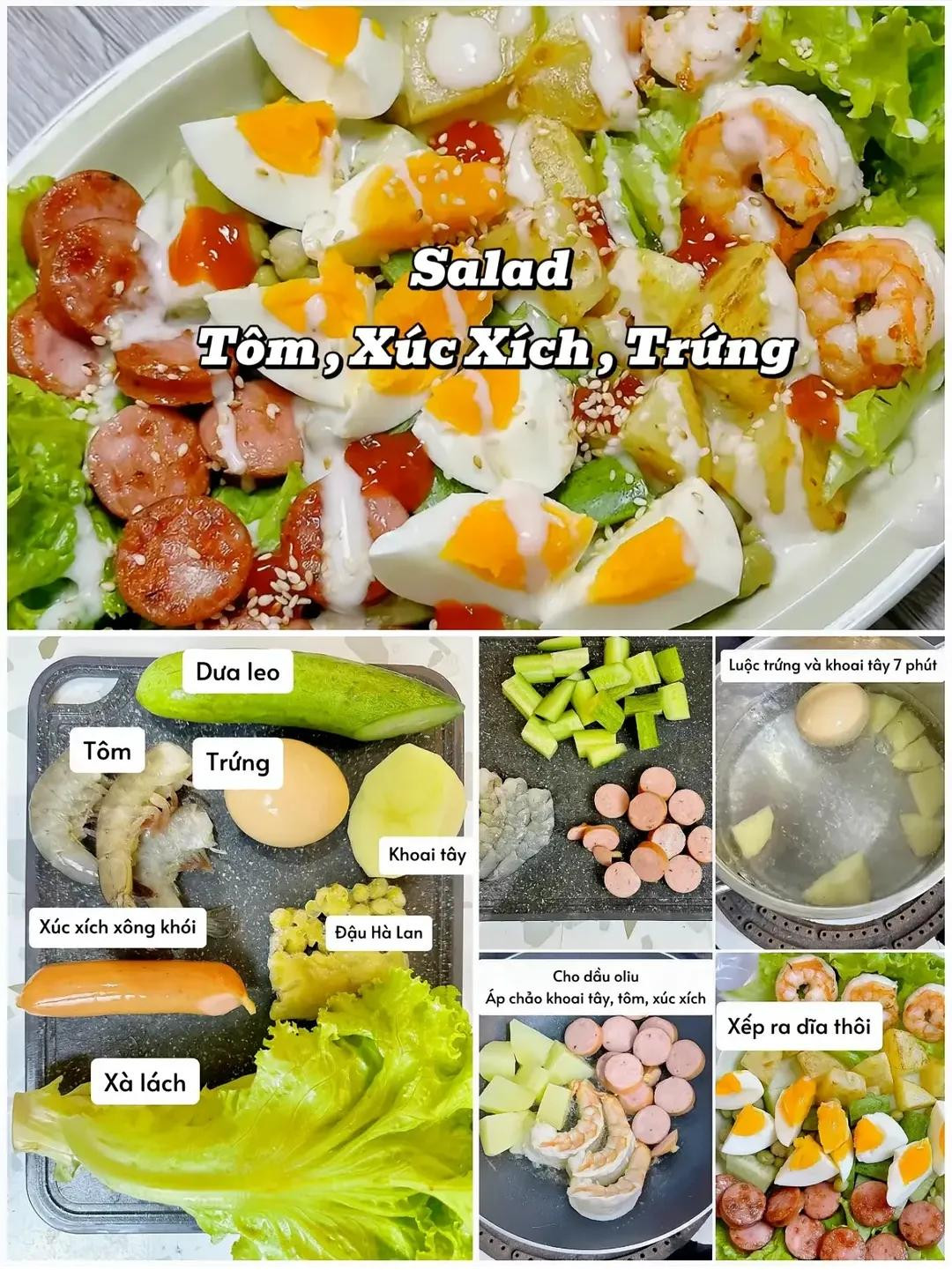 công thức làm 6 món salad cho bữa trưa giữ dáng đơn giản dinh dưỡng, salad gà trứng xúc xích, salad bò, salad phô mai hun khói, salad khoai tây, salad thịt xông khói, salad tôm xúc xích, trứng,