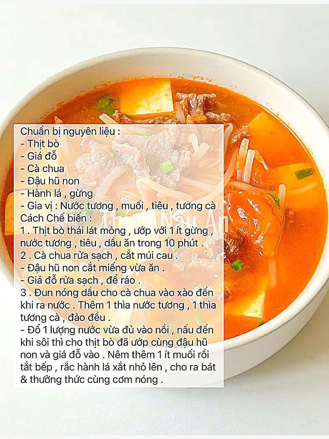 Công thức làm món canh ngon mỗi ngày. canh thịt bò giá đỗ, cánh bí đỏ đậu hũ, canh sườn rau củ, Canh chua cải thảo, canh nấm thịt bò, canh bò viên, canh cải bó xôi.