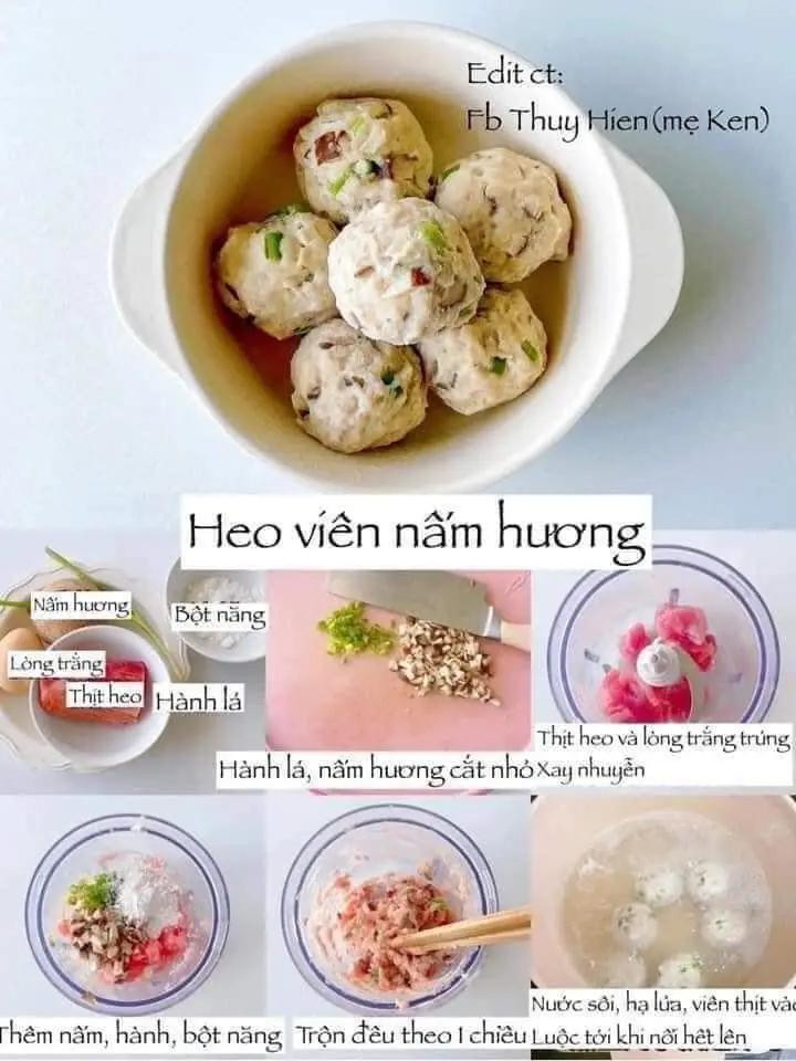 gà viên ngô ngọt, cá viên cải bó xôi. heo viên nấm hương, khoai tây viên rau củ, bo viên hành tây.