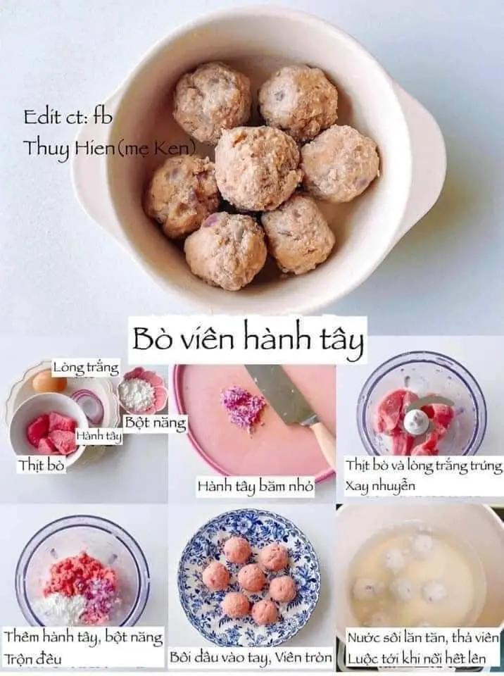 gà viên ngô ngọt, cá viên cải bó xôi. heo viên nấm hương, khoai tây viên rau củ, bo viên hành tây.