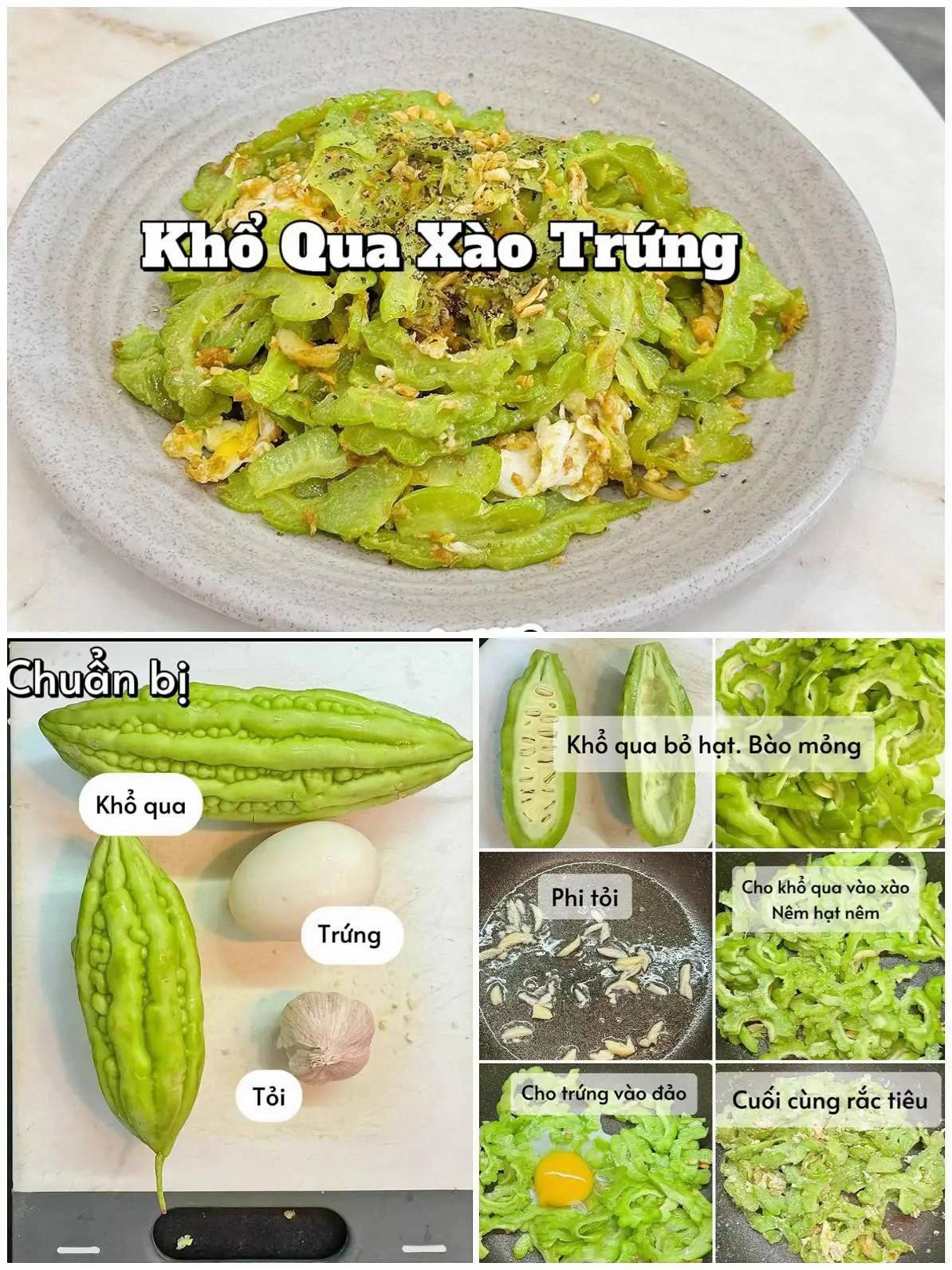 khổ qua xào trứng, canh măng khô, ba chỉ rang muối