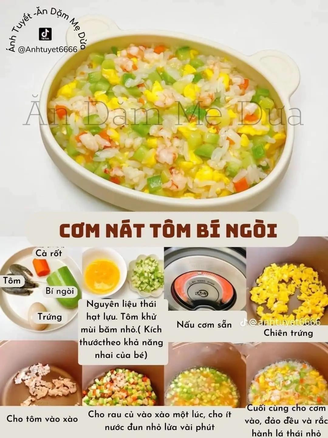 [Thực Đơn Cơm Cho Bé Cân Bằng Dinh Dưỡng ] cơm nát tôm bí ngòi, cơm nát gà bí ngô, cơm nát thịt băm cà tím, cơm nát thịt băm nấm, cơm nát gà dưa chuột.