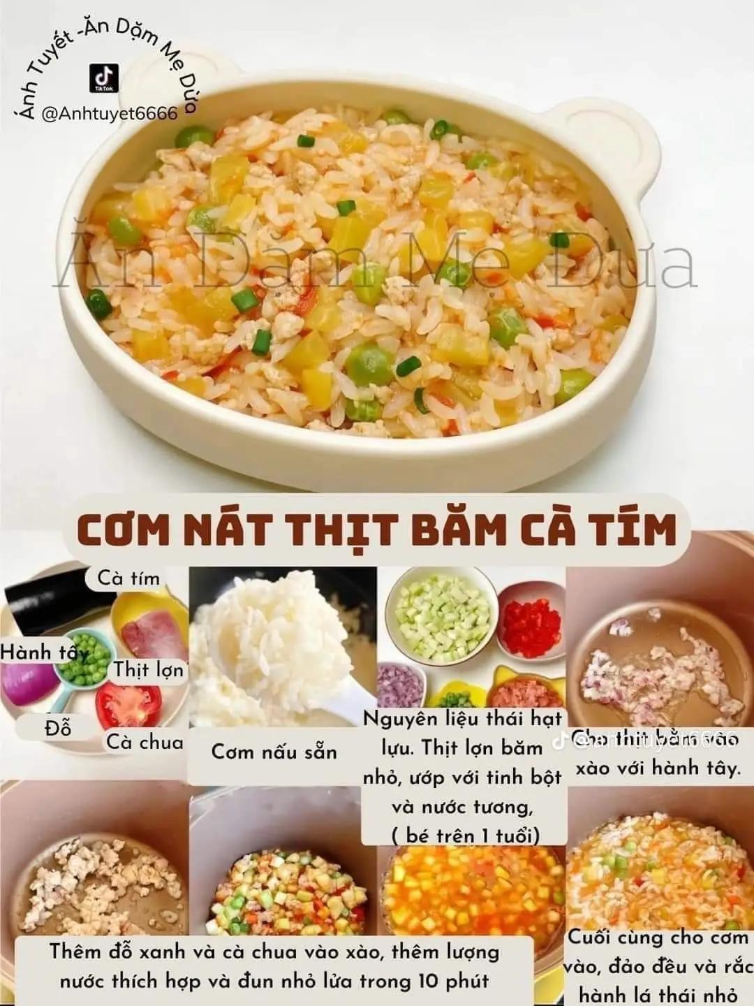 [Thực Đơn Cơm Cho Bé Cân Bằng Dinh Dưỡng ] cơm nát tôm bí ngòi, cơm nát gà bí ngô, cơm nát thịt băm cà tím, cơm nát thịt băm nấm, cơm nát gà dưa chuột.