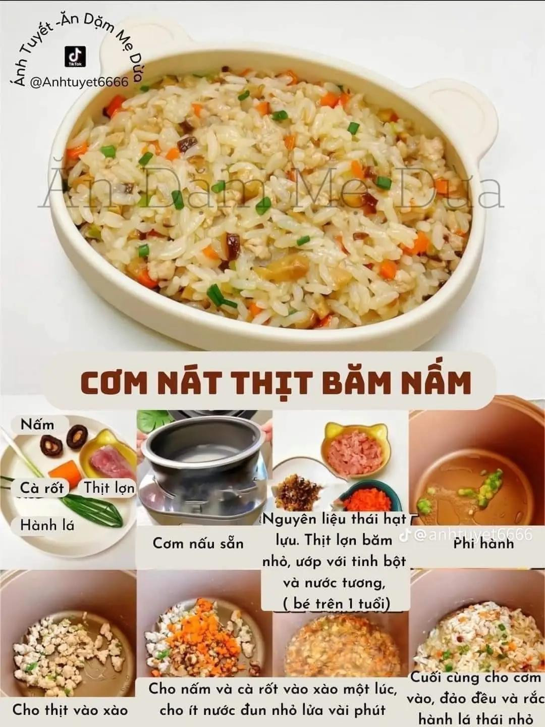 [Thực Đơn Cơm Cho Bé Cân Bằng Dinh Dưỡng ] cơm nát tôm bí ngòi, cơm nát gà bí ngô, cơm nát thịt băm cà tím, cơm nát thịt băm nấm, cơm nát gà dưa chuột.