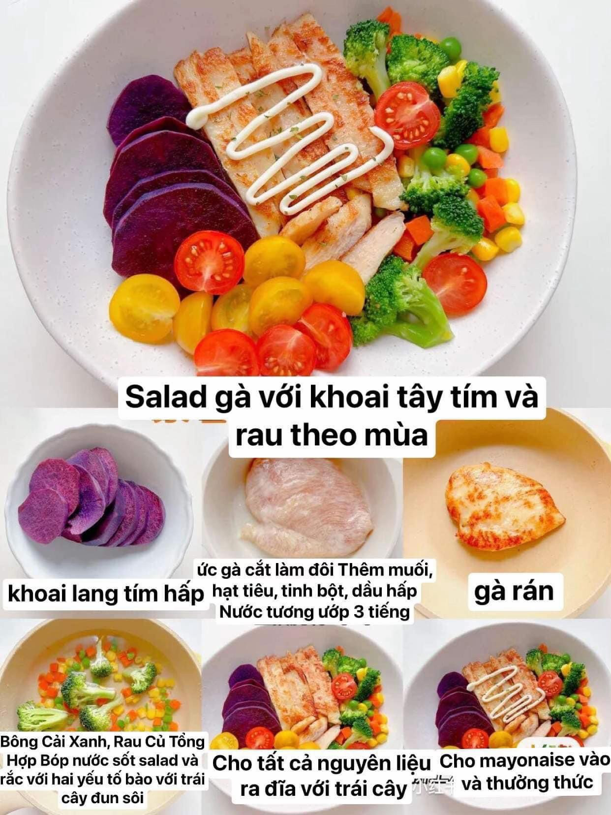 10 món salad hàng tuần dễ làm ngon xỉu luôn: salad gà với khoai tây tím và rau theo mùa, salad rau bò bít tết, salad khoai tây nghiền, gỏi tôm chay bí đỏ, salad dưa chuột,