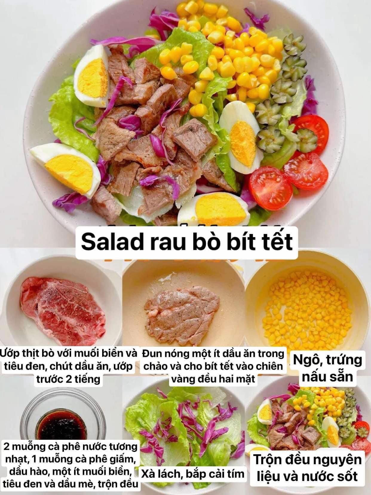 10 món salad hàng tuần dễ làm ngon xỉu luôn: salad gà với khoai tây tím và rau theo mùa, salad rau bò bít tết, salad khoai tây nghiền, gỏi tôm chay bí đỏ, salad dưa chuột,