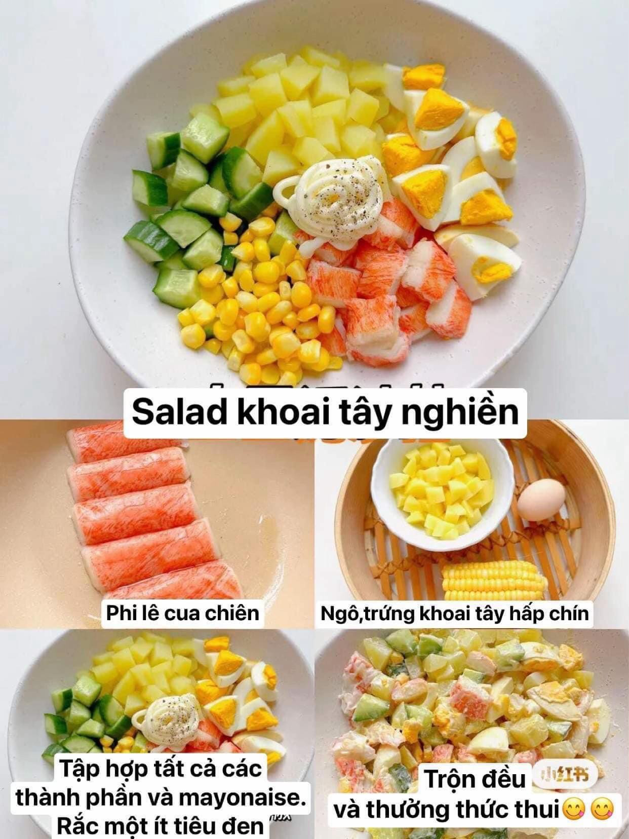 10 món salad hàng tuần dễ làm ngon xỉu luôn: salad gà với khoai tây tím và rau theo mùa, salad rau bò bít tết, salad khoai tây nghiền, gỏi tôm chay bí đỏ, salad dưa chuột,