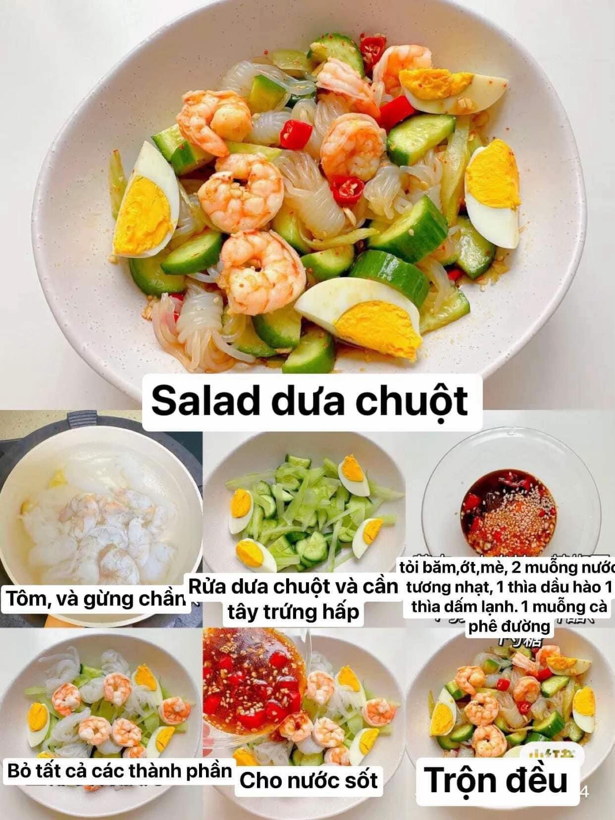 10 món salad hàng tuần dễ làm ngon xỉu luôn: salad gà với khoai tây tím và rau theo mùa, salad rau bò bít tết, salad khoai tây nghiền, gỏi tôm chay bí đỏ, salad dưa chuột,