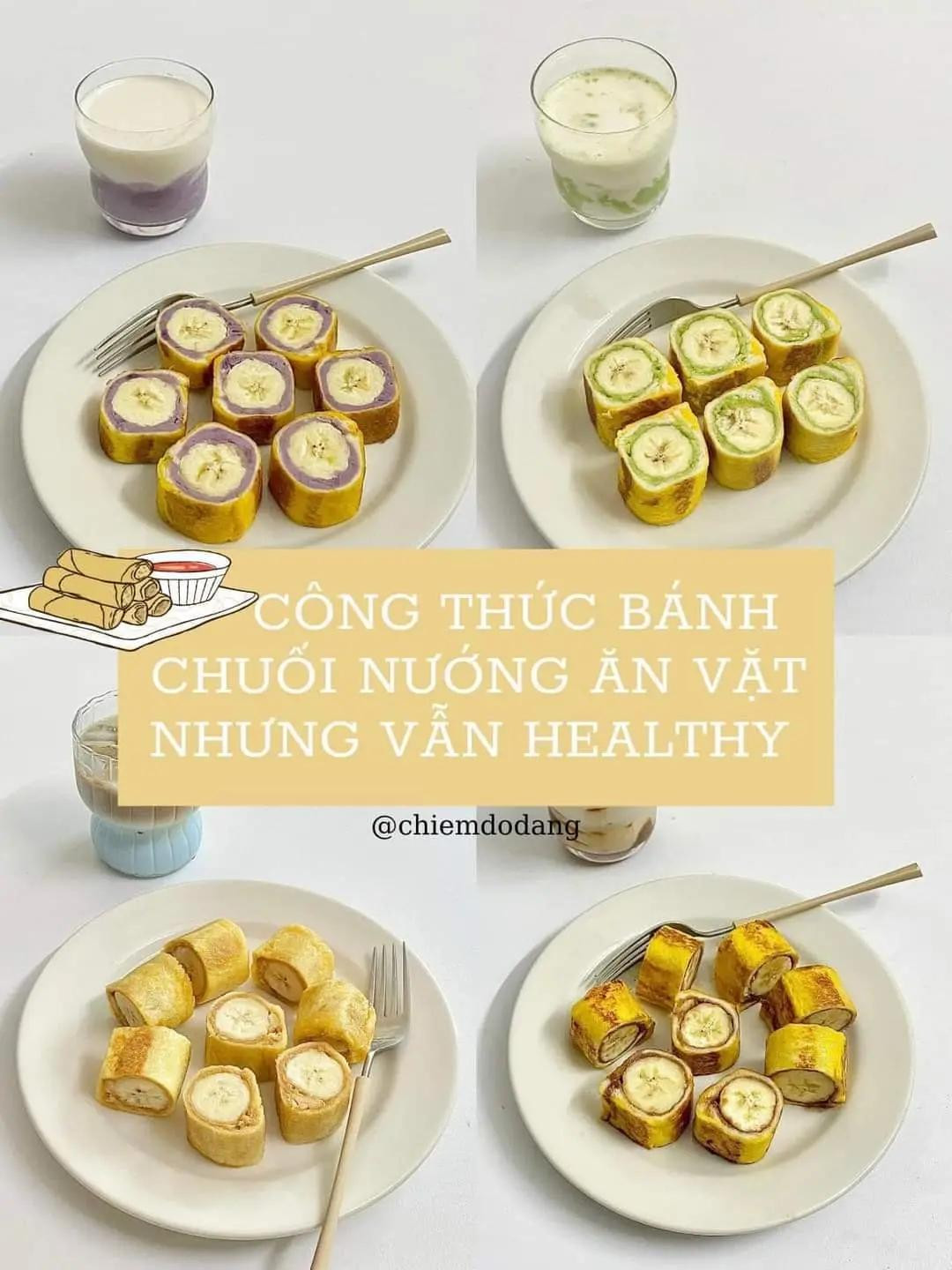 ✨4 MÓN BÁNH CHUỐI NƯỚNG ĂN VẶT CHO NÀNG HEALTHY. Bánh chuối cuộn khoai môn. bánh chuối cuộn bơ nghiền. bánh chuối cuộn bơ đậu phộng. bánh chuối cuộn socola