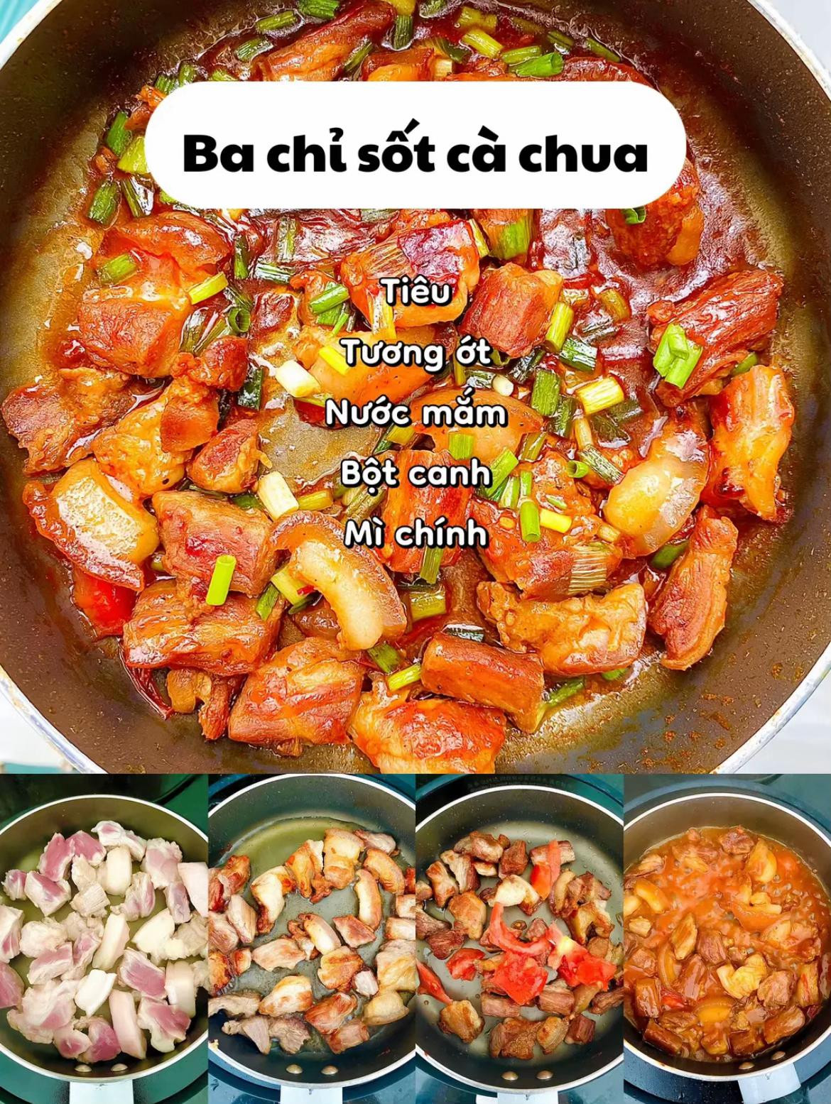 4 món hao cơm thịt ba chỉ càng ăn càng mê, ba chỉ rang dừa, ba chỉ sốt cà chua, canh kim chi ba chỉ, ba chỉ rang riềng,