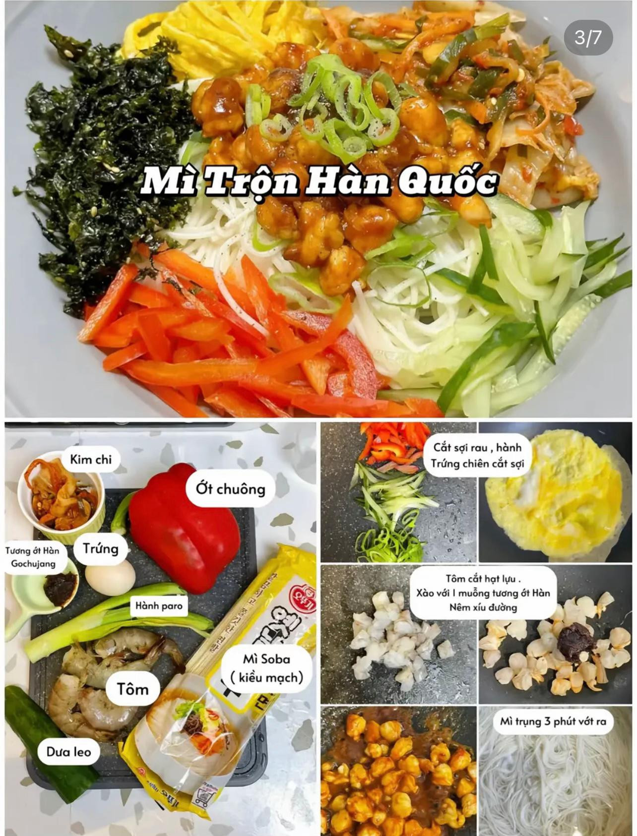 6 công thức miến, mì, nui, healty nhanh gọn dinh dưỡng không lo tăng cân: miến rau củ trứng chảy, mì trộn hàn quốc, mì thanh mát, miến trộn sườn nướng, nui trộn ức gà, miến trộn gà vòng.