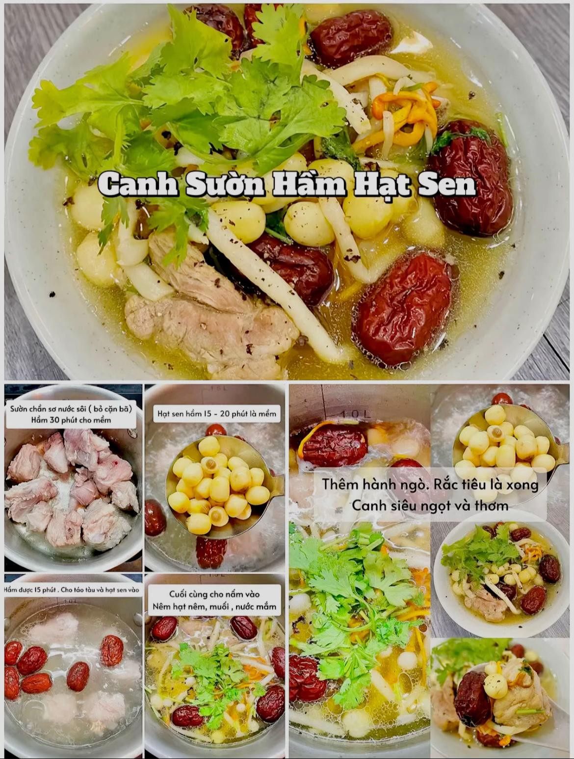 6 công thức món canh ngon thanh mát dinh dưỡng, canh sườn hầm hạt sen, canh chua hến, canh măng chua cá chim, canh mướp tôm nấm, canh mây, canh cải thìa băm.