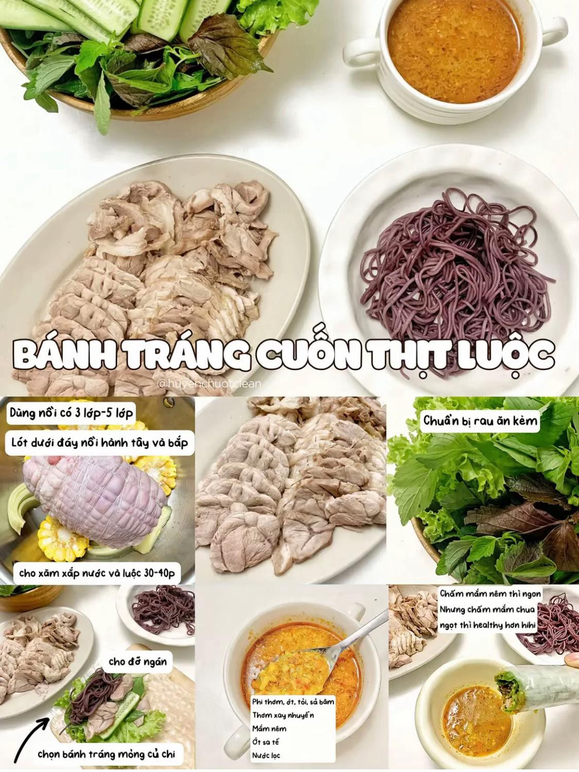 6 công thức món ngon mùa nóng dễ làm. bánh tráng cuộn thịt luộc, bún đậu hủ phiên bản nâng cấp, gỏi gà xé rau răm, miến trộn, thịt nướng không lò than, bún thịt xào.