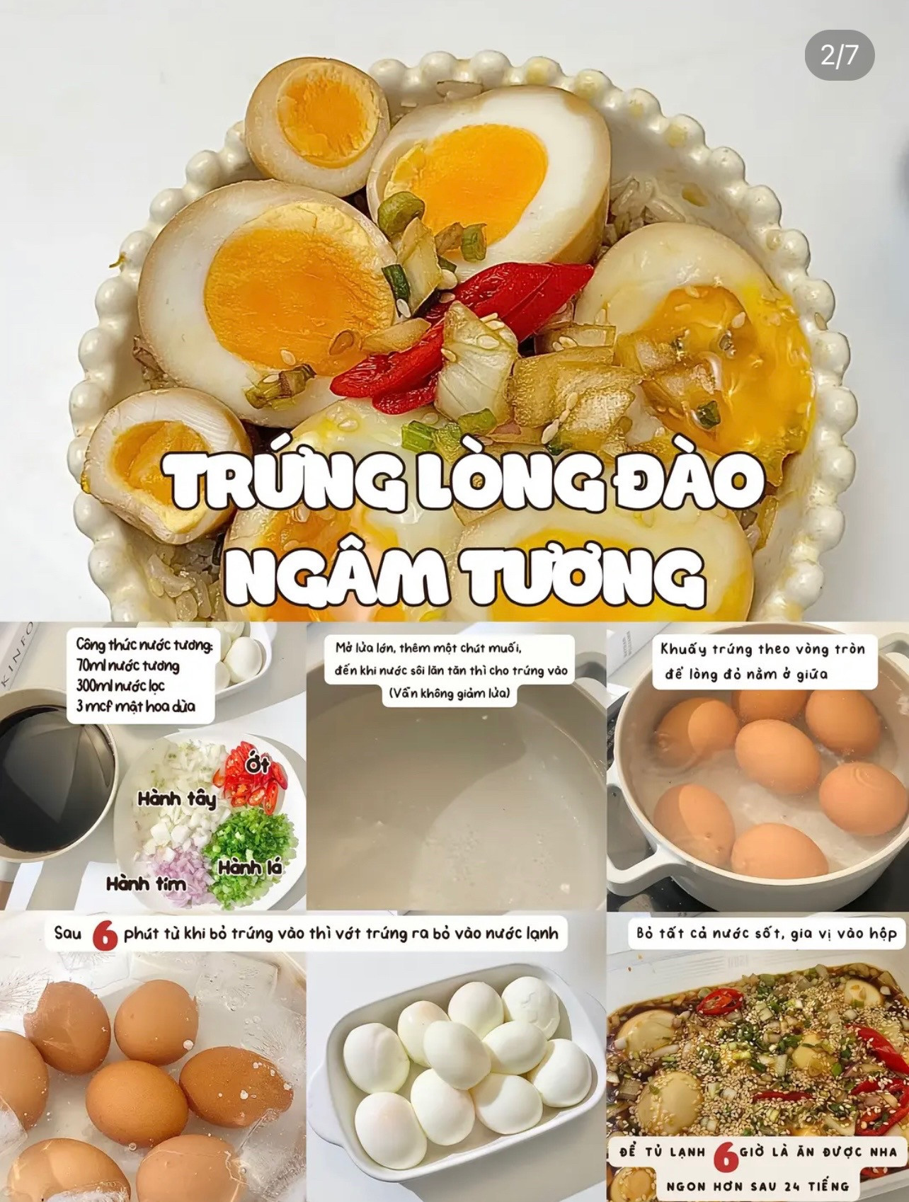 6 gợi ý món ngon từ trứng dễ làm siêu hao cơm, trứng lòng đào ngâm tương, trứng sốt tương tỏi, trứng sốt cà chua, trứng chiên bọt biển, canh mây bồng bềnh, trứng chiên béo mềm.