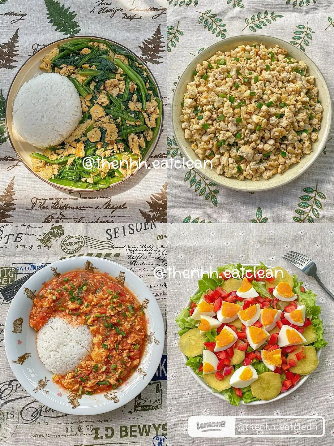 ăn gì với trứng vẫn healthy và ngon trứng xào cải bó xôi, trứng chiên đậu hũ, trứng xào cà chua, salad trứng khoai lang,