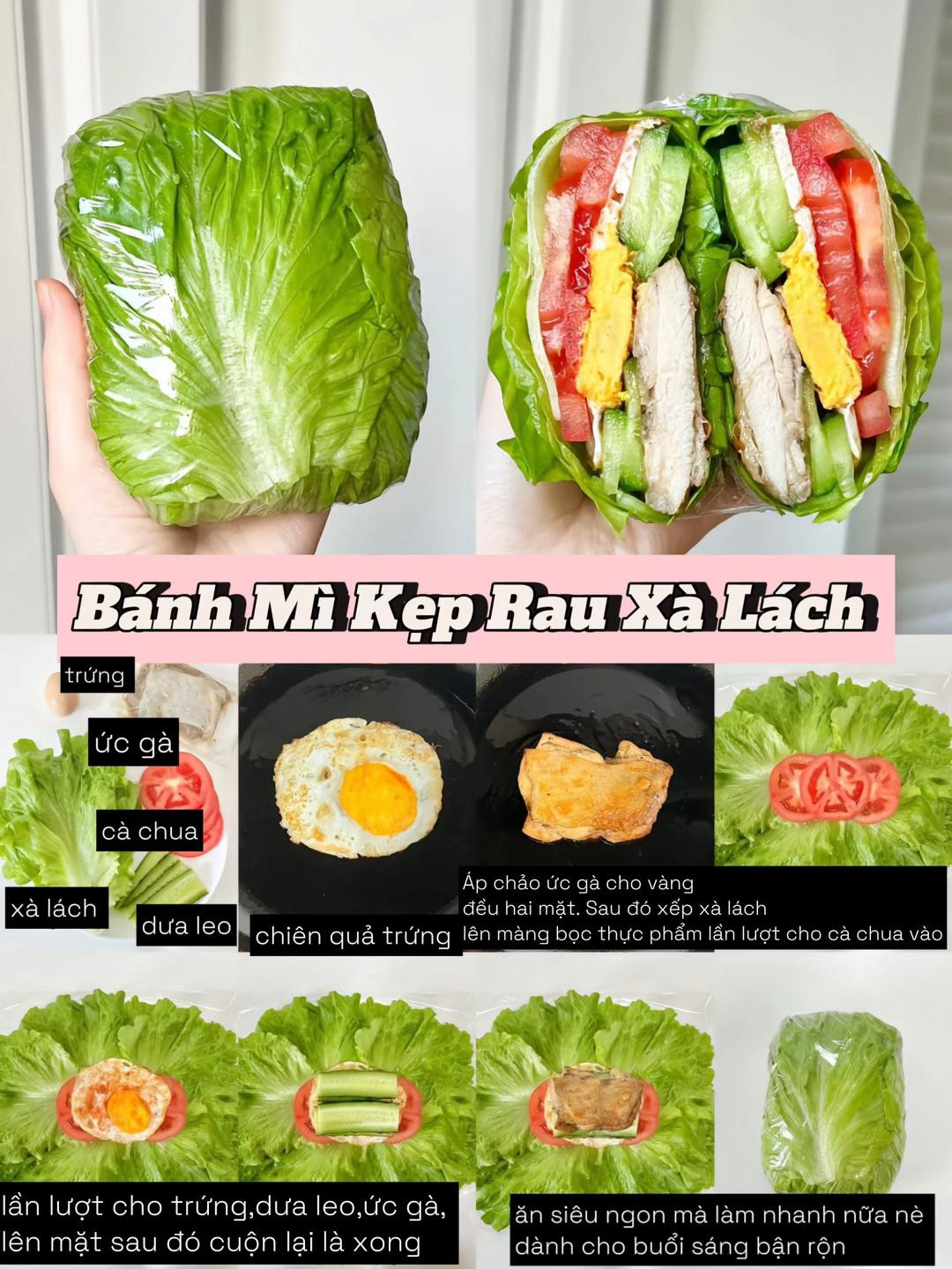 Bánh mì kẹp rau xà lách, trứng cuộn khoai tây