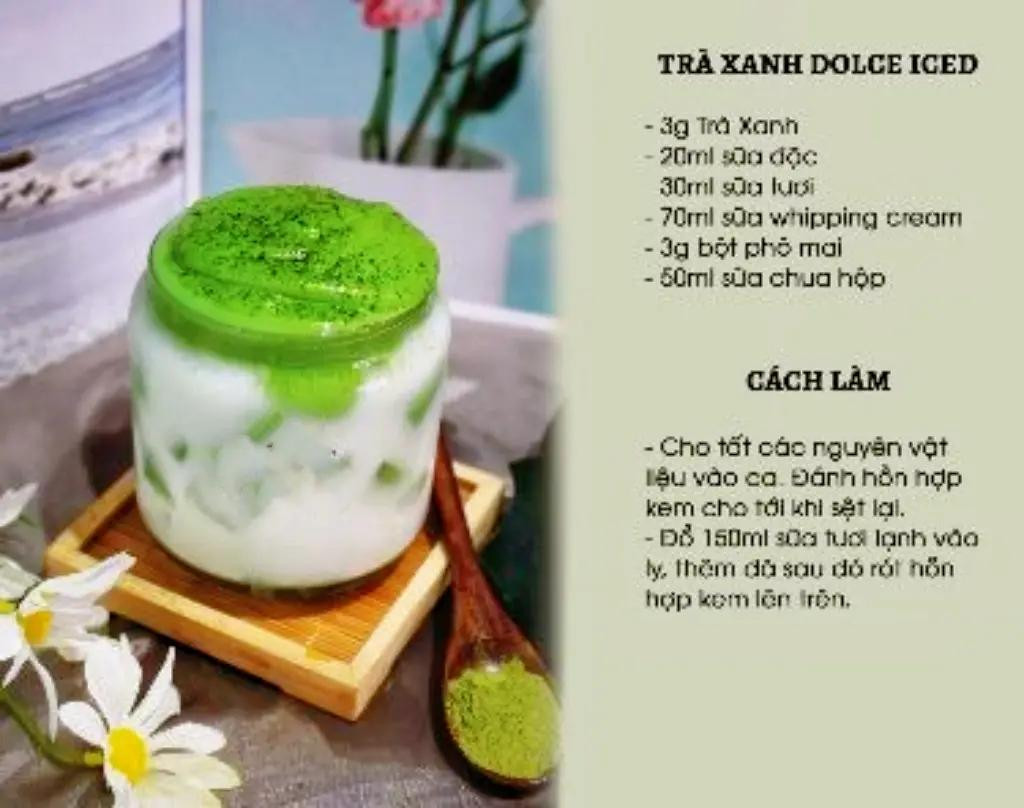 bộ công thức pha chế các loại thức uống từ macha, matcha latte nóng, chatcha sữ đá 2 tầng, coco matcha latte, sữa dừa matcha, trà xanh dolce iced, seasons cross over matcha latte, matcha xoài sữa, matcha macchiato