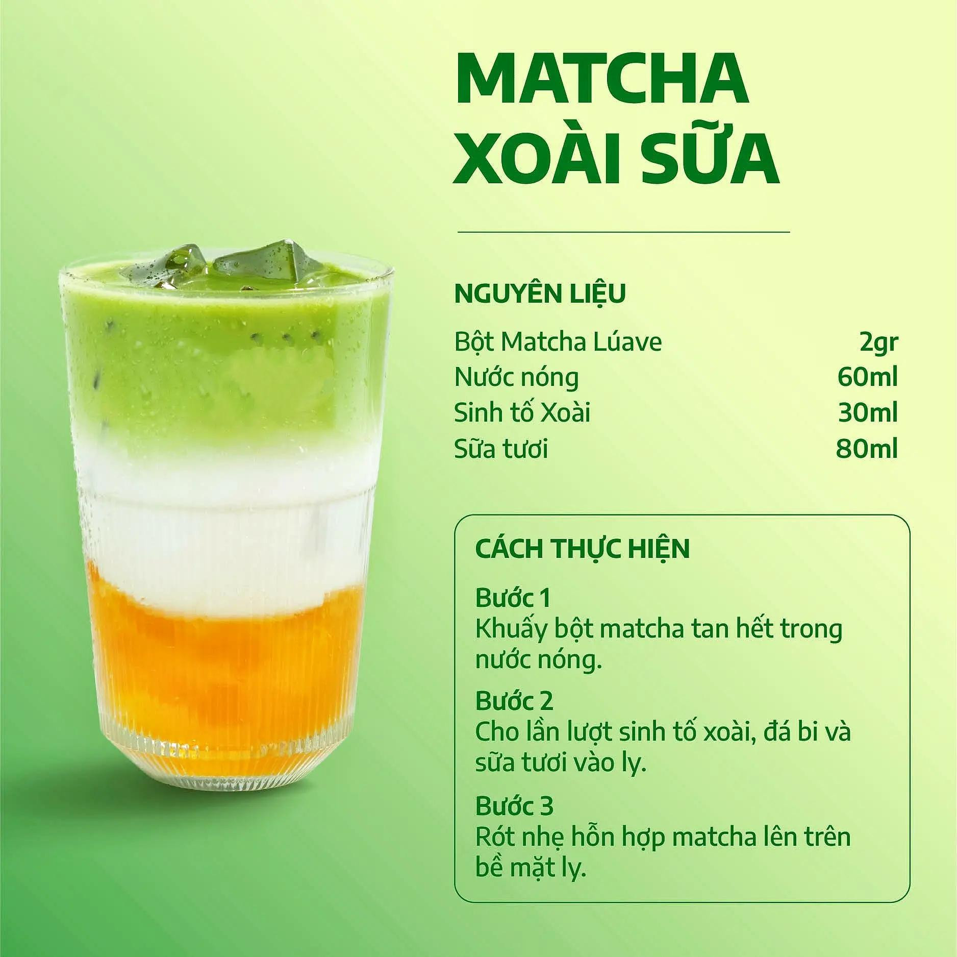 bộ công thức pha chế các loại thức uống từ macha, matcha latte nóng, chatcha sữ đá 2 tầng, coco matcha latte, sữa dừa matcha, trà xanh dolce iced, seasons cross over matcha latte, matcha xoài sữa, matcha macchiato