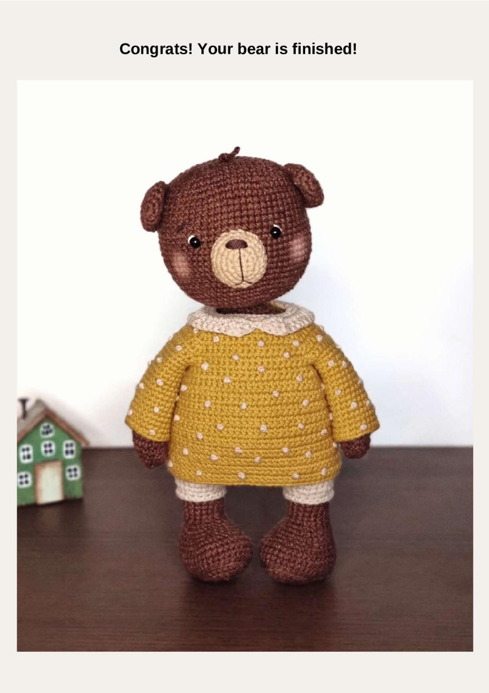 Brown bear crochet pattern wearing orange shirt