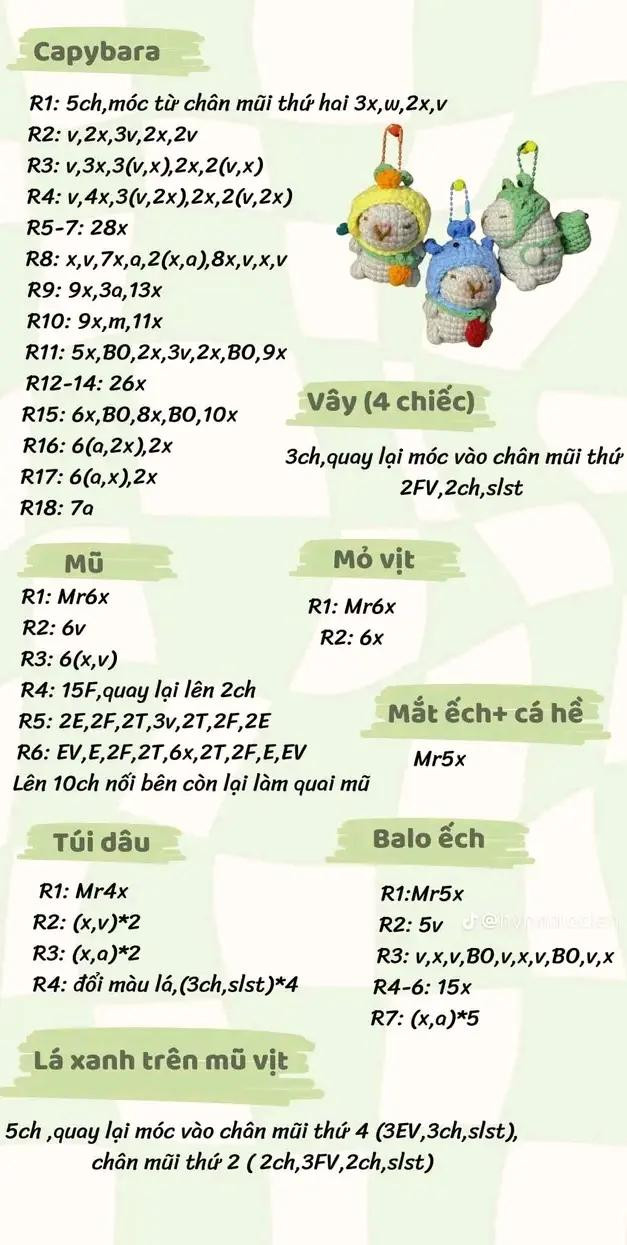 chart móc capybara đội mũ thú: mũ ếch, mũ cá hề, mũ gà con