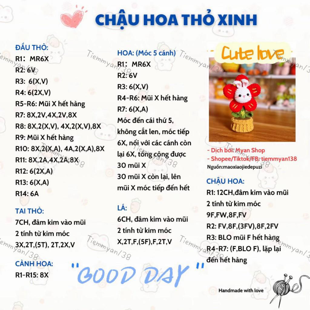 chart móc len chậu hoa thỏ xinh